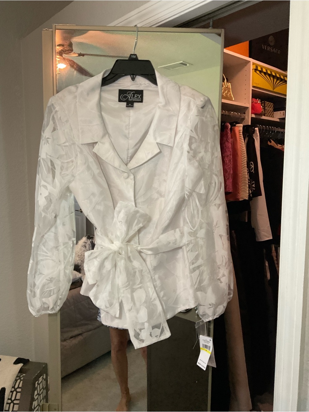 Alex Evenings White Sheer Floral Tie-Waist Blouse